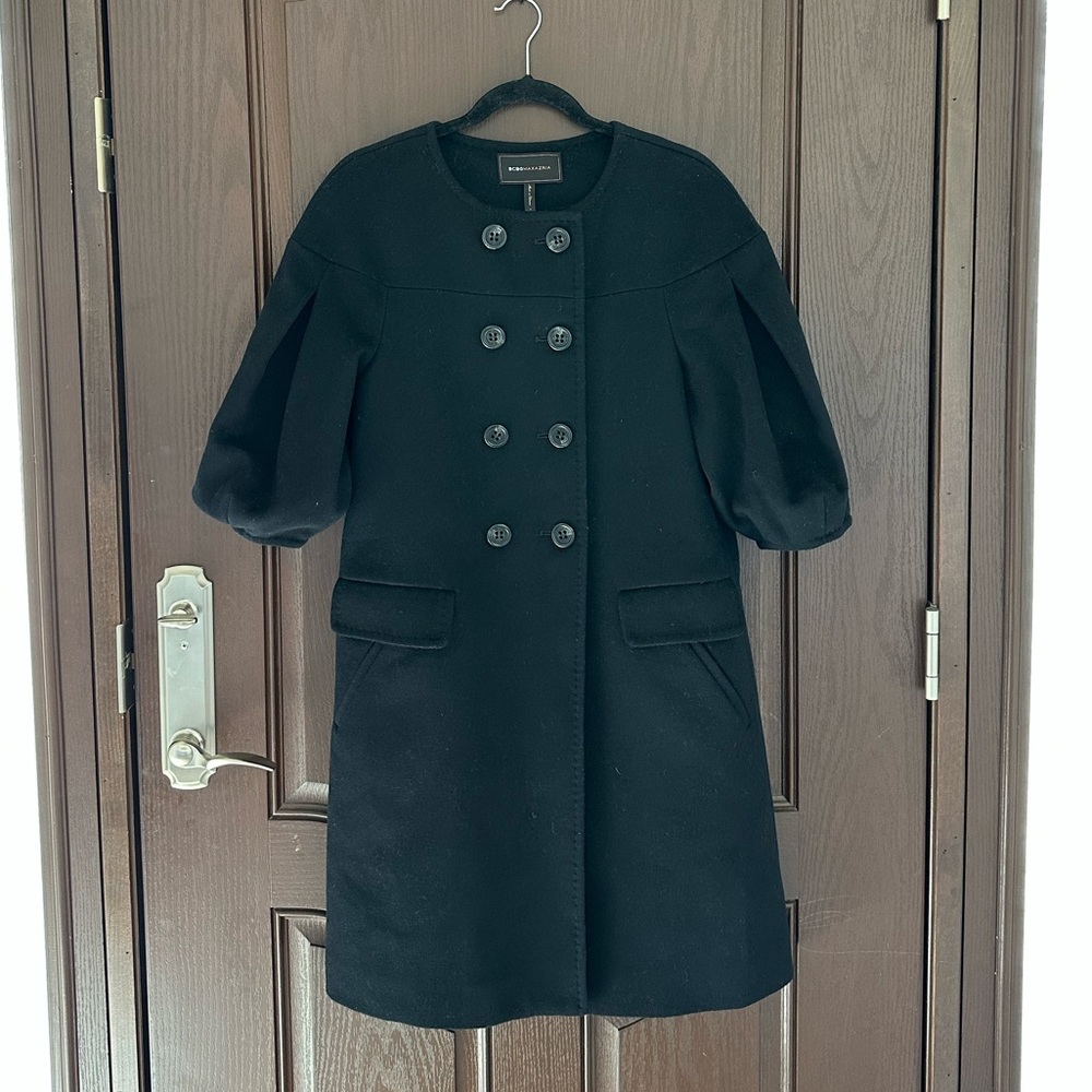 BCBGMAXAZRIA Women’s Black Coat Puff Sleeve Princess Style Double-Breasted